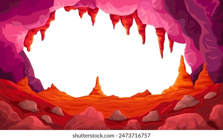 Cave entrance. Dungeon mine entry tunnel, antra clipart nature mystery caves cartoon background, rock stone ground stalagmites frame prehistoric adventure game vector illustration of cavern entrance