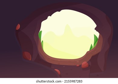 Cave entrance, forest hole with stones and round frame, grass in cartoon style, game background. Ui game design