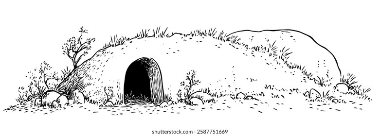 cave entrance in grassy hill in hand-drawn line art style