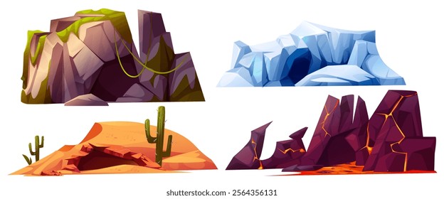 Cave entrance landscapes - moss covered rocky cliffs, arctic glacier formation, desert cavity surrounded by cactus plants, volcanic mountain with glowing lava cracks. Natural terrain holes for game.