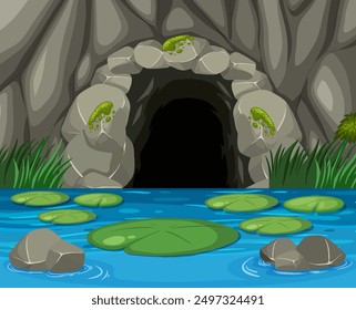 Cave entrance with lily pads and rocks