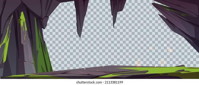 Cave entrance in mountain cartoon background with empty copy space. Hole in rock with green moss, frame or border underground tunnel or cavern, natural hollow with stalactites, Vector illustration