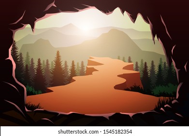 Cave entrance in natural Pine forest mountains horizon Landscape wallpaper Sunrise and sunset Illustration vector style Sunlight colorful view background