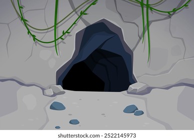 La entrada a la cueva, enclavada en un terreno rocoso, adornada con enredaderas verdes colgantes, evoca una sensación de misterio y aventura. Fondo del entorno natural del Vector de dibujos animados para el juego, el libro o el tema de exploración