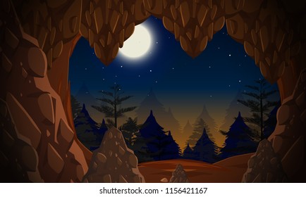 A Cave Entrance At Night Illustration