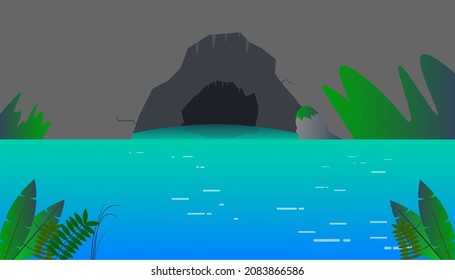 Cave entrance on the side of a mountain on water, undiscovered treasures in a cave