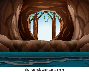 Cave with entrance and water illustration