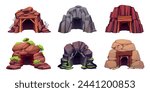 Cave entrances. Mountain doors in mines, mineral extraction, holes in stones, cliffs and hills. Abandoned caverns with moss and cobwebs, landscape cartoon isolated tidy vector tunnels set