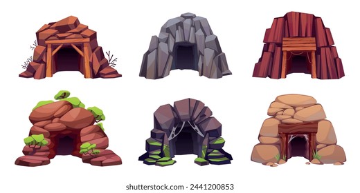 Cave entrances. Mountain doors in mines, mineral extraction, holes in stones, cliffs and hills. Abandoned caverns with moss and cobwebs, landscape cartoon isolated tidy vector tunnels set