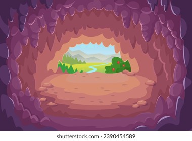 Cave. Exit from the cave. Fantasy cave with stalactites, stalagmites, stalagnates.
 Exit from the cave.Illustration in cartoon style for games. 