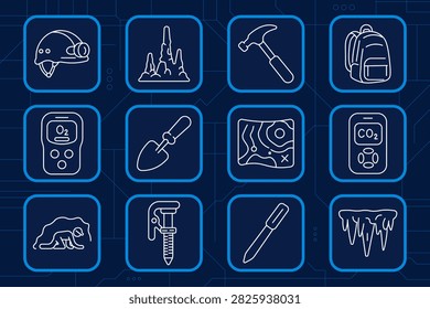 Cave exploration set icon. Helmet, stalagmite, hammer, backpack, oxygen meter, trowel, map, carbon dioxide monitor, crawler, anchor bolt, chisel, icicle formation, geology, spelunking