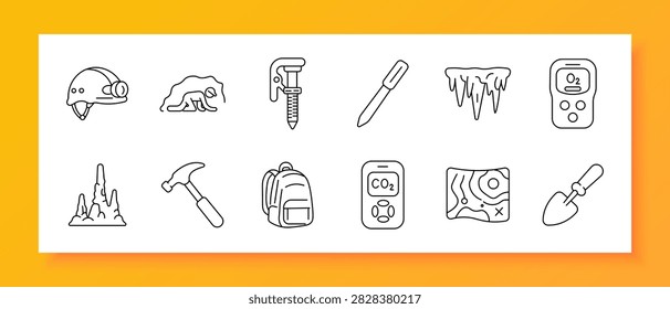 Cave Exploration set icon. Helmet, crawler, ice screw, pipette, stalactite, oxygen meter, stalagmite, geology hammer, backpack, carbon monitor, terrain map, trowel, spelunking