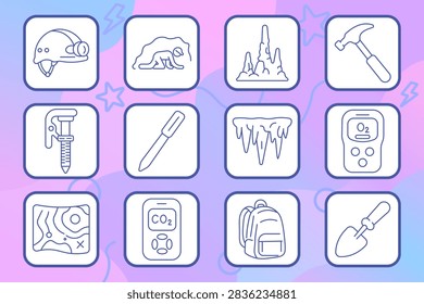 Cave exploration set icon. Helmet, crawling caver, stalagmite, hammer, anchor bolt, knife, stalactite, oxygen meter, terrain map, carbon monitor, backpack, trowel, speleology, underground