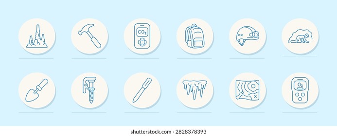 Cave exploration set icon. Stalagmite, hammer, carbon dioxide meter, backpack, headlamp, bear, trowel, anchor bolt, pipette, icicle formation, underground map, oxygen monitor, spelunking