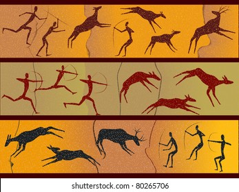 Cave figures of primitive people in a vector