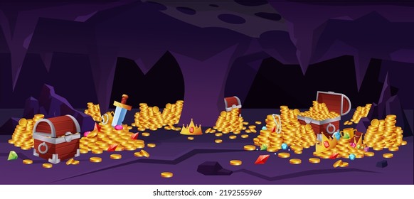 Cave with gold treasure, mine chest with golden coins. Fantasy gemstones, medieval money, jewelry container, mountain pile of stone. Vector cartoon illustration on isolated background