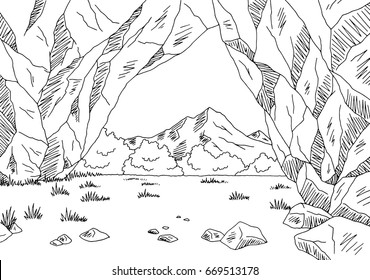 Cave graphic black white landscape sketch illustration vector