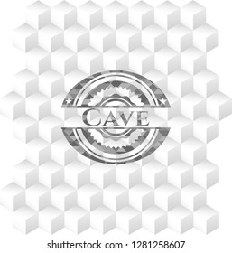 Cave grey badge with geometric cube white background