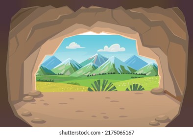 Cueva con colinas, prados, cielo azul con nubes blancas.. Salida de la cueva.Ilustración en estilo de caricatura para juegos.