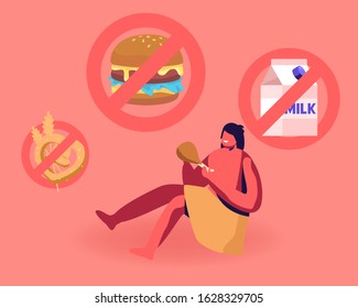 Cave Human Child Wearing Animal Skin Sitting on Ground Eating Meat with Signs Prohibit Bakery, Dairy Production and Fast Food. Paleo Diet, Nutrition of Ancient People. Cartoon Flat Vector Illustration