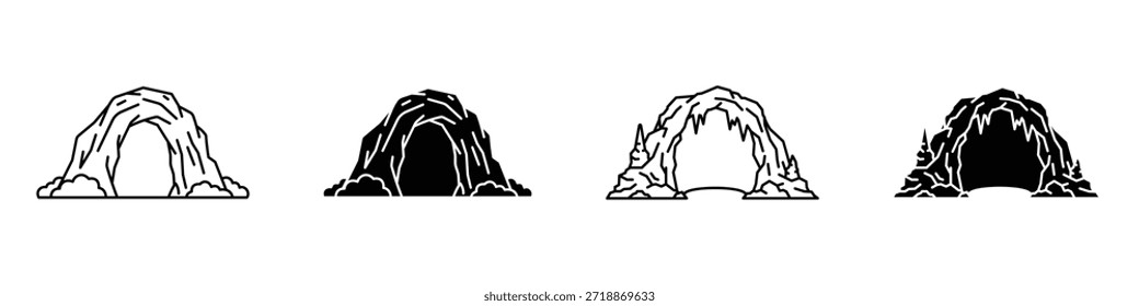 ícone de caverna no estilo linear e clipart pacote no fundo branco.