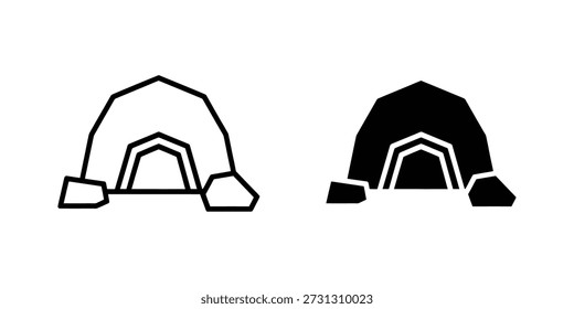 Cave Icon Set. Rock tunnel shelter in line and solid style vector illustration