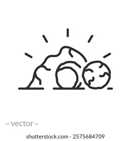 cave icon, stone rolled away from the coffin, he is risen, easter concept,  thin line vector illustration eps10