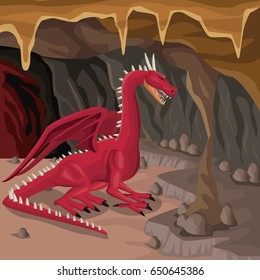 Cave interior background with dragon greek mythological creature