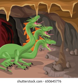 Cave interior background with hydra mythological creature