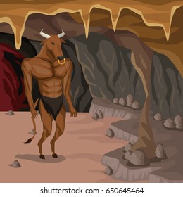 Cave interior background with minotaur greek mythological creature