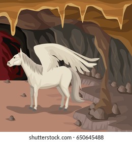 Cave interior background with pegasus greek mythological creature