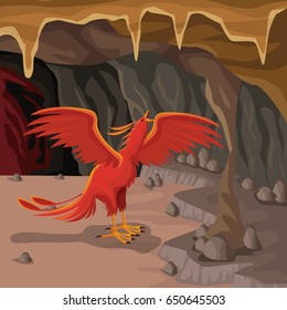 Cave interior background with phoenix greek mythological creature