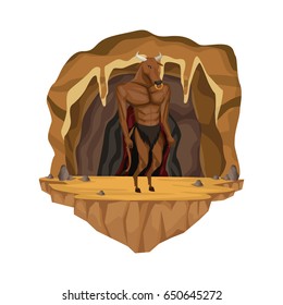 Cave interior scene with minotaur greek mythological creature