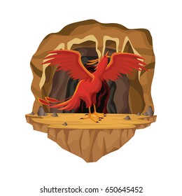 Cave interior scene with phoenix greek mythological creature