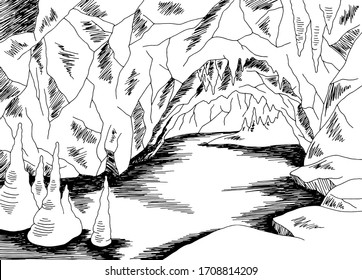Cave lake graphic black white sketch illustration vector
