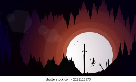 paisaje de cuevas con luna. bruja flotante con libro de magia en la mano. luchar con la espada. fondo de pantalla de fantasía. bruja con gran espada.