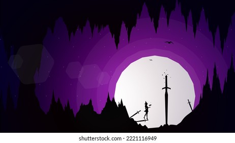 paisaje de cuevas con luna. bruja flotante con libro de magia en la mano. luchar con la espada. fondo de pantalla de fantasía. bruja con gran espada. fondo de halloween con luna. 