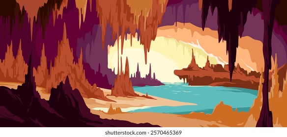 Cave landscape with natural sand stalagmites and stalactites, blue underground lake. Ancient tunnel with stone cliffs and pond, rocky formation for spelunking adventure cartoon vector illustration