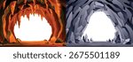 Cave landscape. Stone cave entrance with empty white space inside. Prehistoric dungeon entrance, rock cavern game illustration. Vector image of tunnel in mountain or mine in rocks