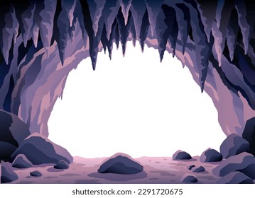 Cave landscape. Stone cave entrance with empty white space inside. Prehistoric dungeon entrance, rock cavern game illustration. Vector image of tunnel in mountain or mine in rocks