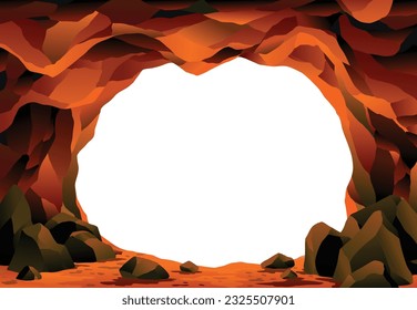 Cave landscape. Stone cave entrance with empty white space inside. Prehistoric dungeon entrance, rock cavern game illustration. Vector image of tunnel in mountain or mine in rocks