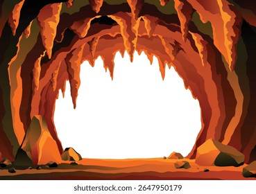 Paisagem da caverna. Entrada de caverna de pedra com espaço vazio dentro. Entrada pré-histórica de calabouço, ilustração de jogo caverna de rocha. Imagem vetorial do túnel na montanha ou da mina em rochas
