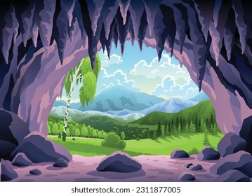 Paisaje de las cuevas. Escena de verano en la naturaleza de la entrada a las cuevas. Mazmorra prehistórica, ilustración del juego de la caverna rock. Ilustración vectorial del túnel en la montaña o en la mina en rocas