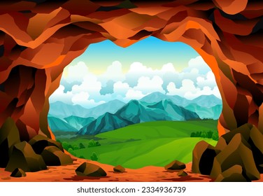 Cave landscape. Summer nature scene of cave entrance. Prehistoric dungeon, rock cavern game illustration. Vector illustration of tunnel in mountain or mine in rocks