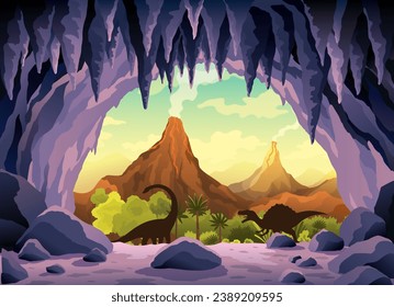 Cave landscape. Summer nature scene of cave entrance. Prehistoric dungeon, rock cavern game illustration. Vector illustration of tunnel in mountain or mine in rocks