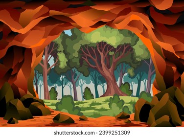 Cave landscape. Summer nature scene of cave entrance. Prehistoric dungeon, rock cavern game illustration. Vector illustration of tunnel in mountain or mine in rocks