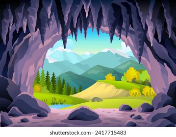 Cave landscape. Summer nature scene of cave entrance. Prehistoric dungeon, rock cavern game illustration. Vector illustration of tunnel in mountain or mine in rocks