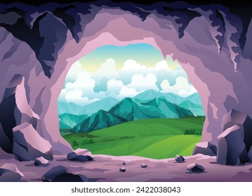 Cave landscape. Summer nature scene of cave entrance. Prehistoric dungeon, rock cavern game illustration. Vector illustration of tunnel in mountain or mine in rocks