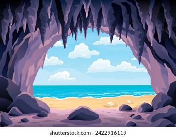 Cave landscape. Summer nature scene of cave entrance. Prehistoric dungeon, rock cavern game illustration. Vector illustration of tunnel in mountain or mine in rocks