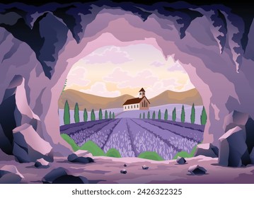 Cave landscape. Summer nature scene of cave entrance. Prehistoric dungeon, rock cavern game illustration. Vector illustration of tunnel in mountain or mine in rocks